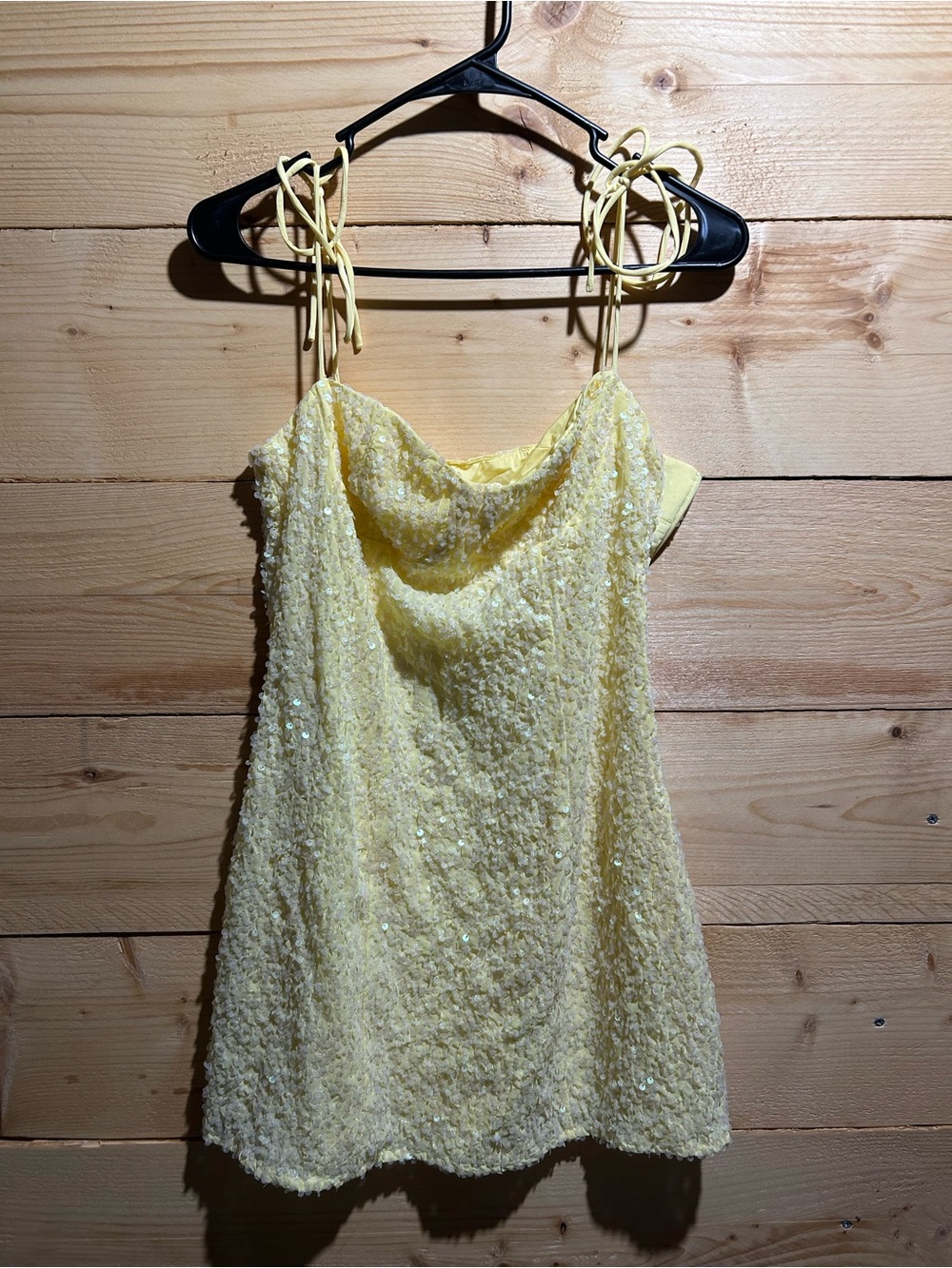 Beginning Boutique Pale Yellow Sequin Cowl Neck Mini Dress